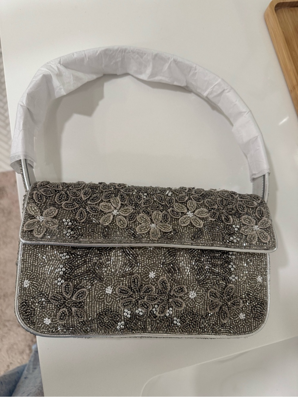 STAUD Garden Party Beaded Floral Evening Bag in Silver colorway